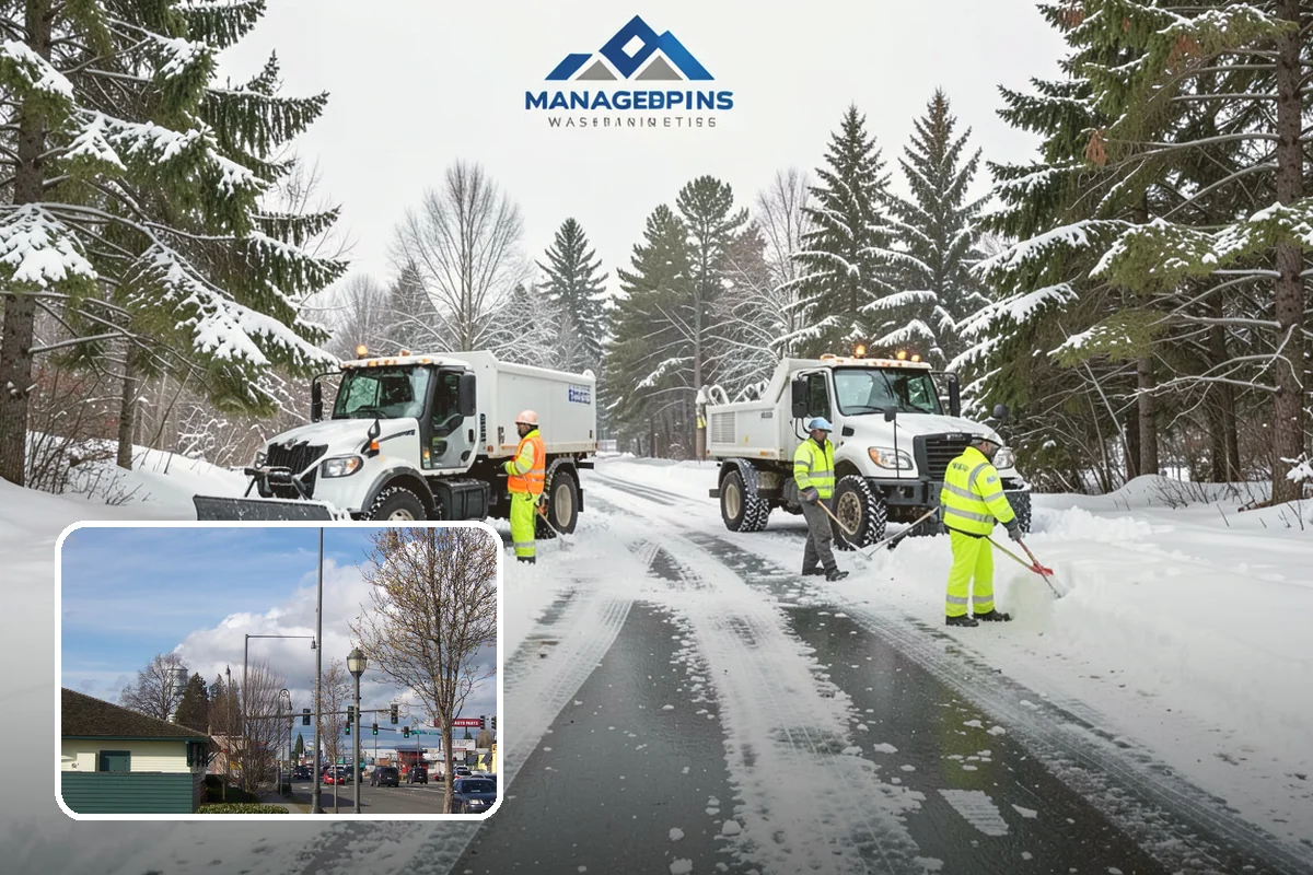 School Parking Lot Snow Removal in Marysville, Snohomish County, WA - Buses, staff, and visitors reach the campus on a cleared, orderly lot