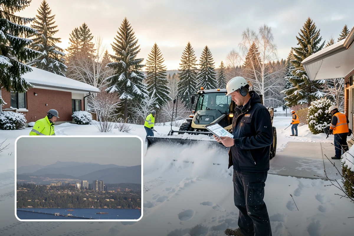 School Parking Lot Snow Removal in Medina, King County, WA - Buses, staff, and visitors reach the campus on a cleared, orderly lot
