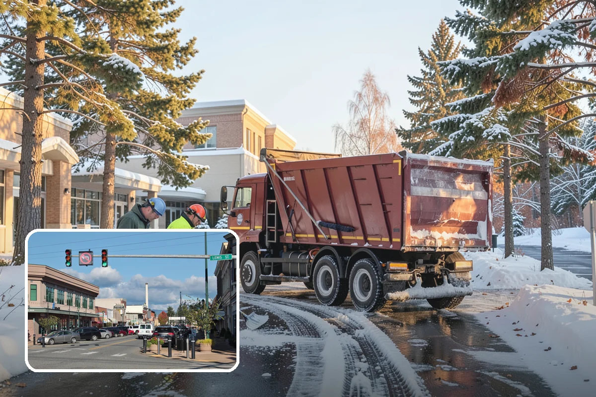 School Parking Lot Snow Removal in Monroe, Snohomish County, WA - Buses, staff, and visitors reach the campus on a cleared, orderly lot