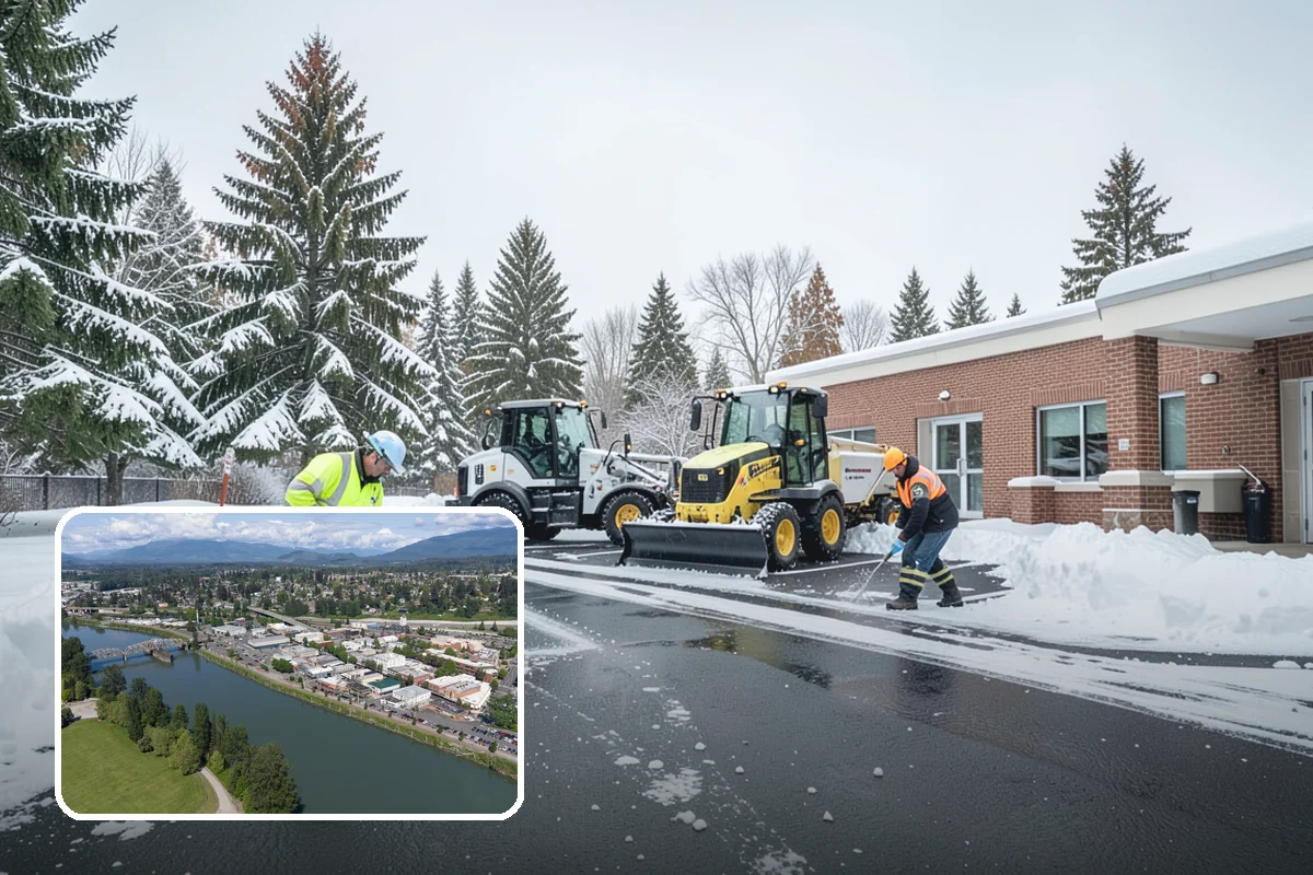 School Parking Lot Snow Removal in Mount Vernon, Skagit County, WA - Buses, staff, and visitors reach the campus on a cleared, orderly lot