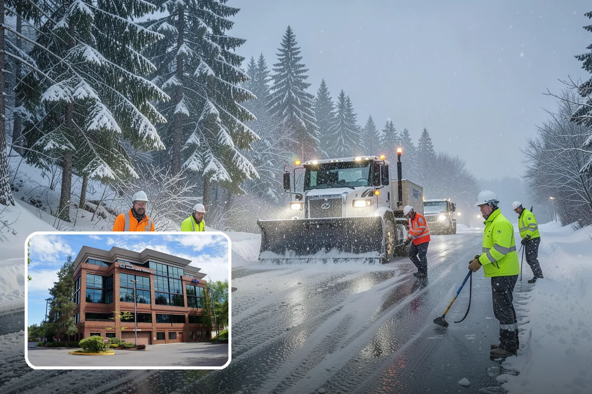 School Parking Lot Snow Removal in Mountlake Terrace, Snohomish County, WA - Buses, staff, and visitors reach the campus on a cleared, orderly lot