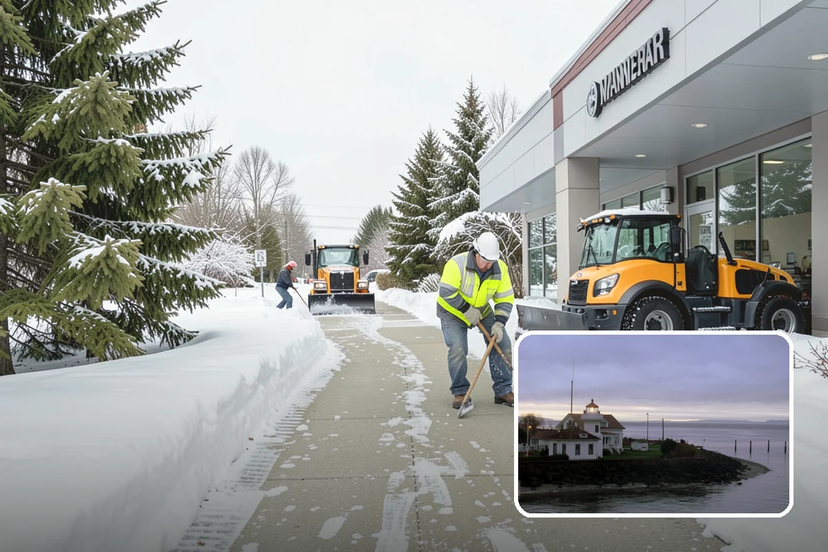 School Parking Lot Snow Removal in Mukilteo, Snohomish County, WA - Buses, staff, and visitors reach the campus on a cleared, orderly lot