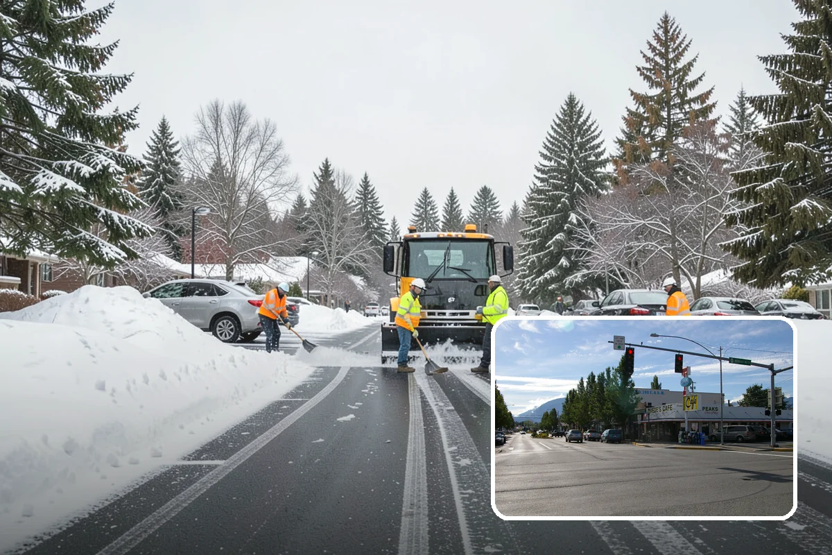 School Parking Lot Snow Removal in North Bend, King County, WA - Buses, staff, and visitors reach the campus on a cleared, orderly lot