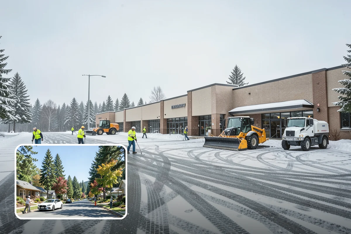School Parking Lot Snow Removal in Orting, Pierce County, WA - Buses, staff, and visitors reach the campus on a cleared, orderly lot