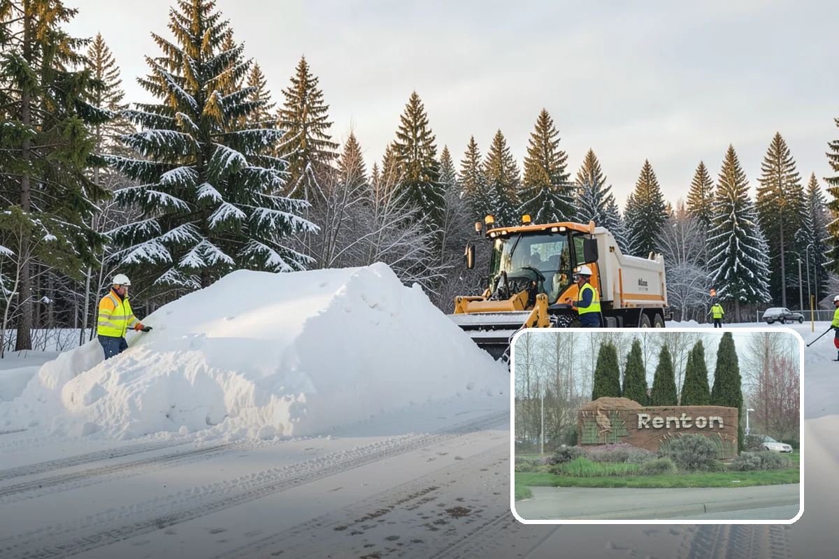 School Parking Lot Snow Removal in Renton, King County, WA - Buses, staff, and visitors reach the campus on a cleared, orderly lot