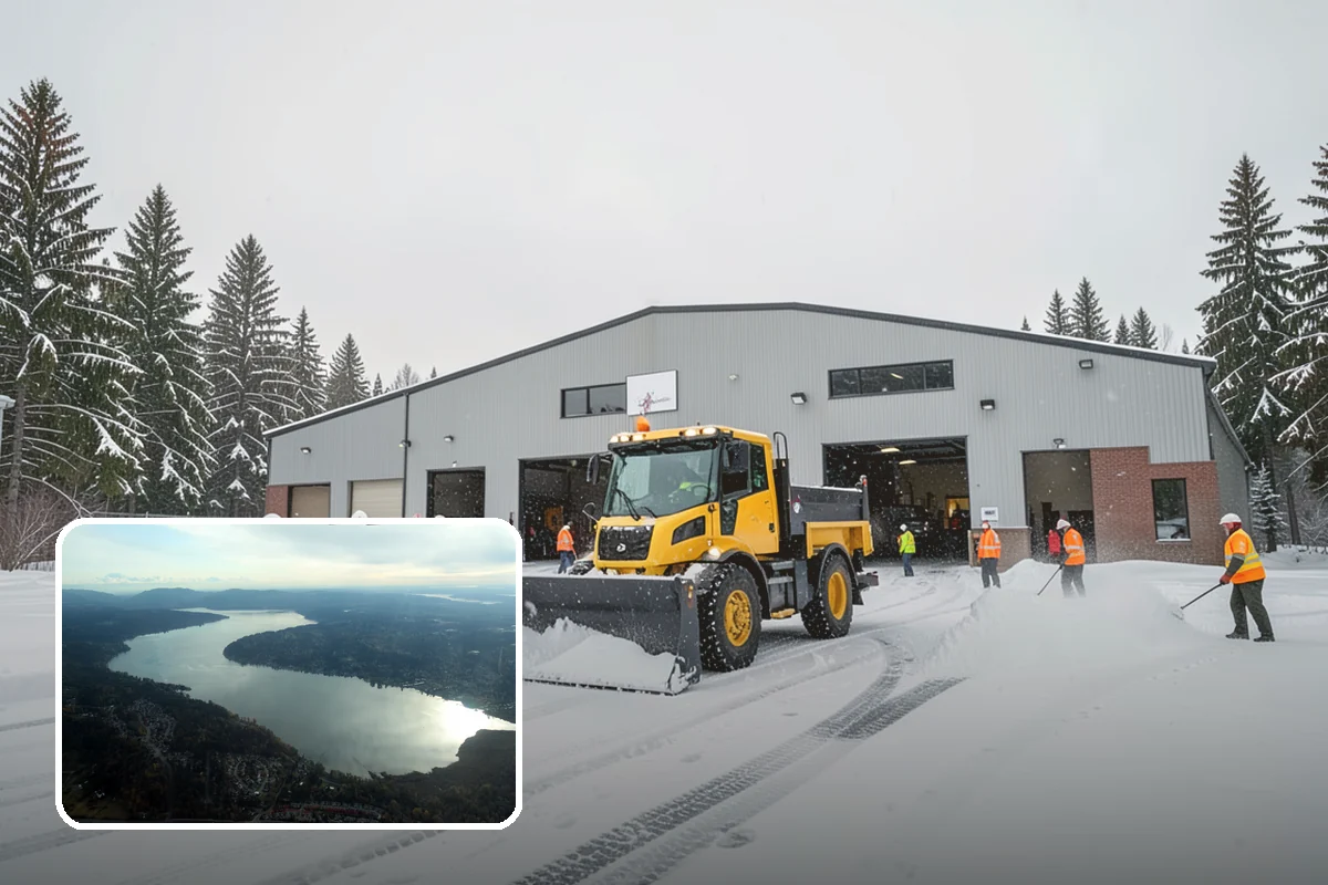 School Parking Lot Snow Removal in Sammamish, King County, WA - Buses, staff, and visitors reach the campus on a cleared, orderly lot