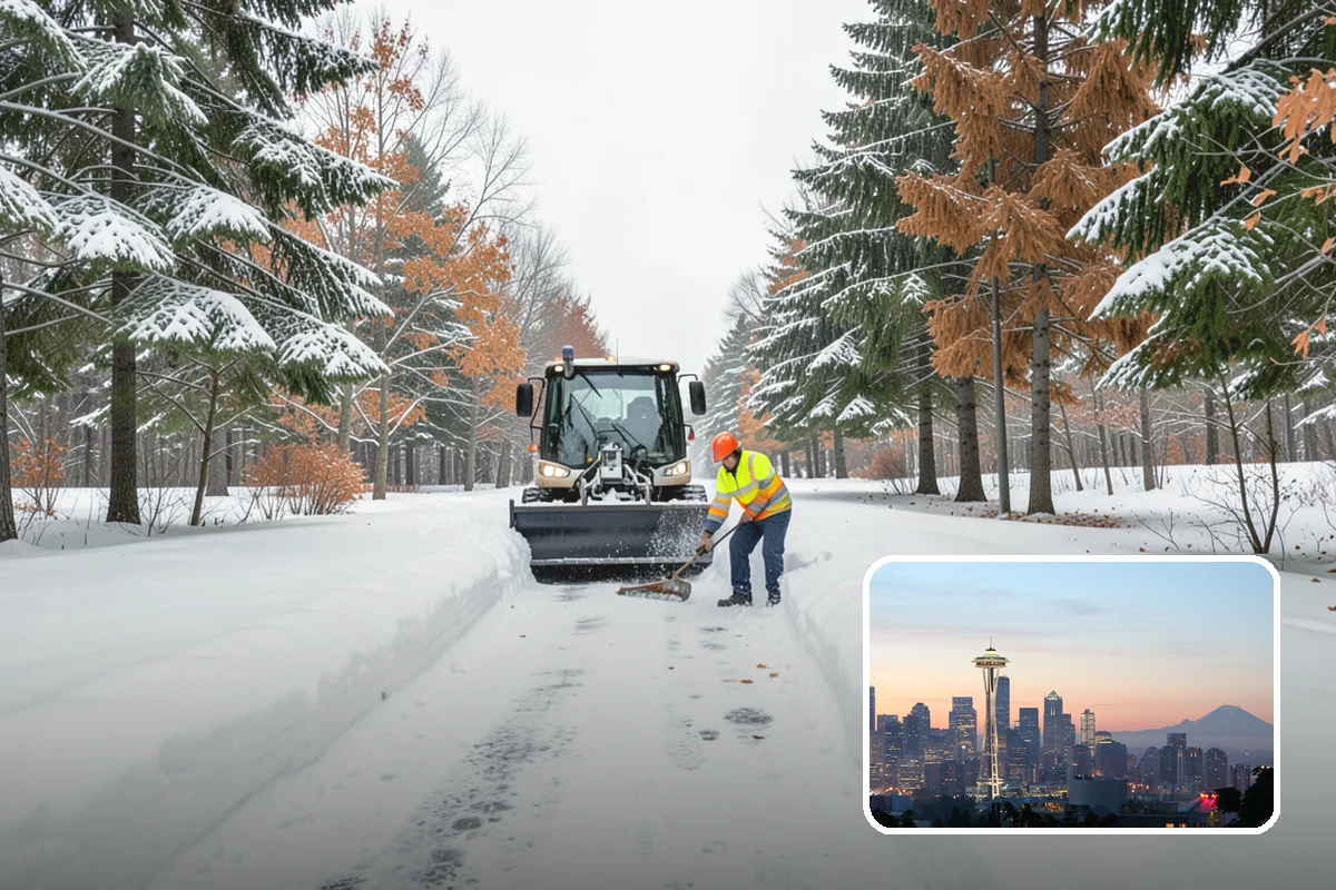 School Parking Lot Snow Removal in Seattle, King County, WA - Buses, staff, and visitors reach the campus on a cleared, orderly lot