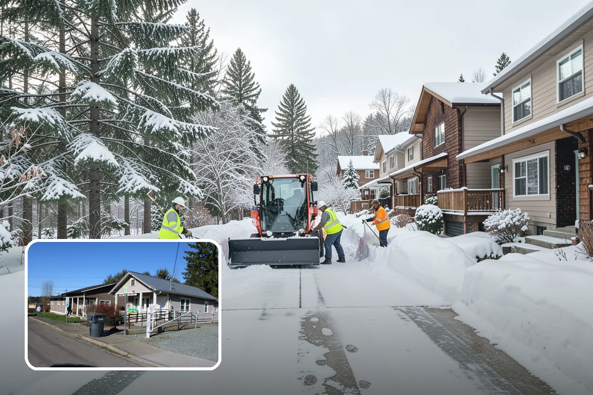 School Parking Lot Snow Removal in South Prairie, Pierce County, WA - Buses, staff, and visitors reach the campus on a cleared, orderly lot