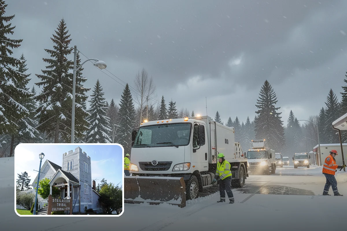 School Parking Lot Snow Removal in Steilacoom, Pierce County, WA - Buses, staff, and visitors reach the campus on a cleared, orderly lot