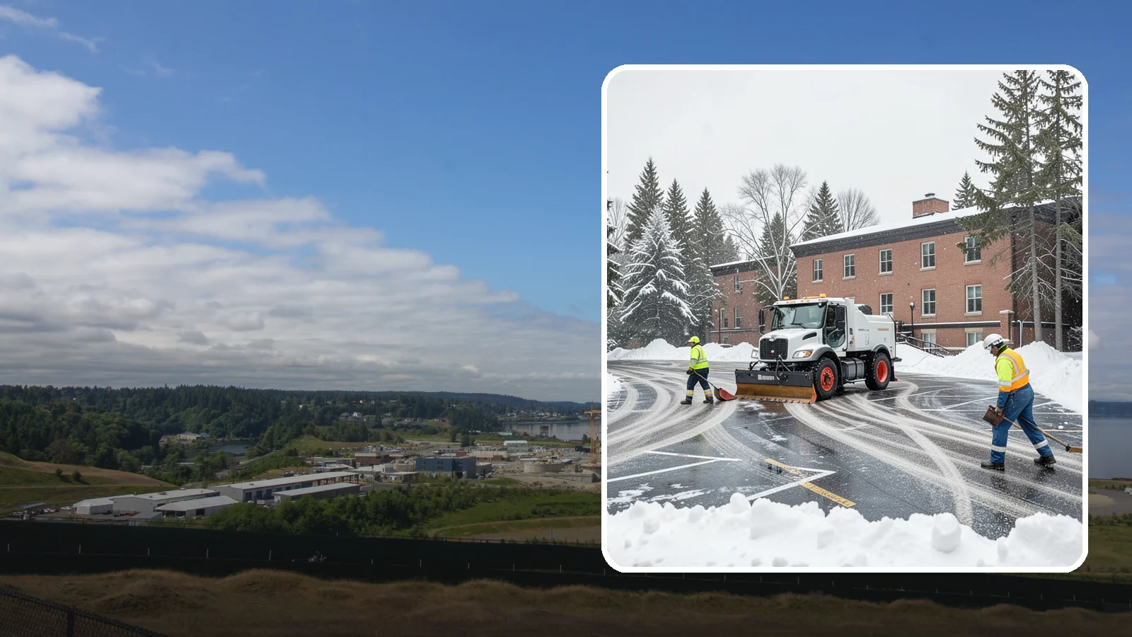 School Parking Lot Snow Removal in University Place, Pierce County, WA - We clear school lots and bus loops so Western Washington students, staff, and buses move safely on snowy mornings.