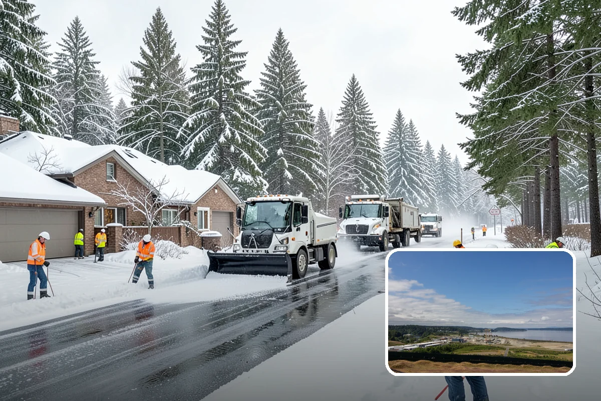 School Parking Lot Snow Removal in University Place, Pierce County, WA - Buses, staff, and visitors reach the campus on a cleared, orderly lot