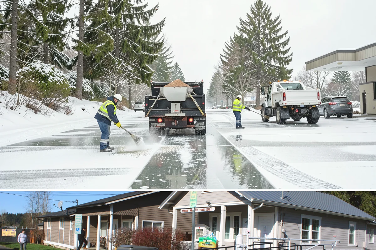 School Sidewalk Clearing in South Prairie, Pierce County, WA - School sidewalk clearing is critical on snow mornings throughout the winter term.