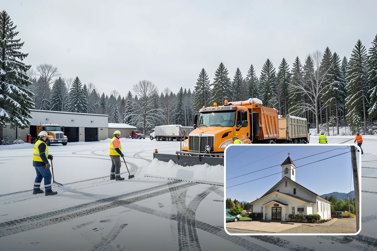 School Snow Plowing in Concrete, Skagit County, WA - Bus loops and drop-off lanes cleared before students arrive