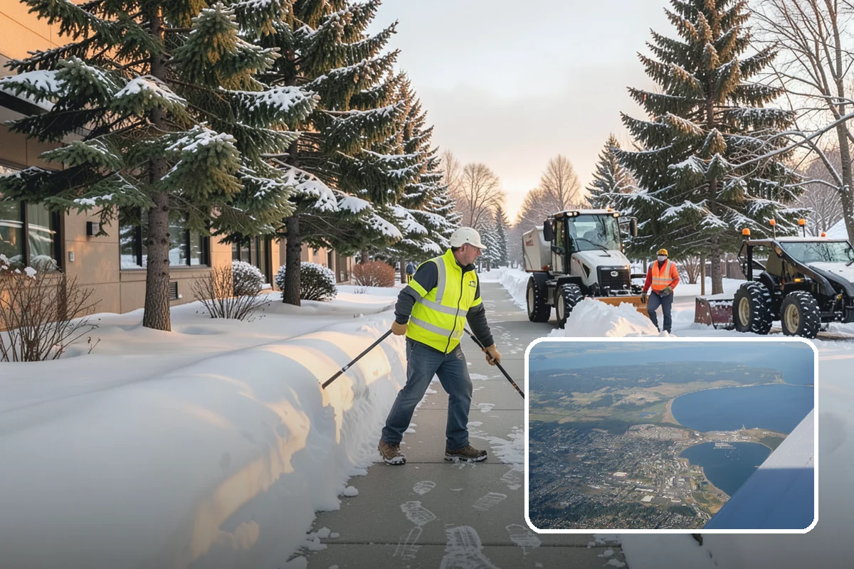 School Snow Plowing in Oak Harbor, Island County, WA - Bus loops and drop-off lanes cleared before students arrive