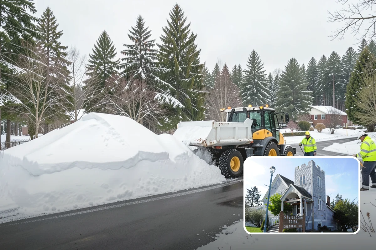School Snow Plowing in Steilacoom, Pierce County, WA - Bus loops and drop-off lanes cleared before students arrive