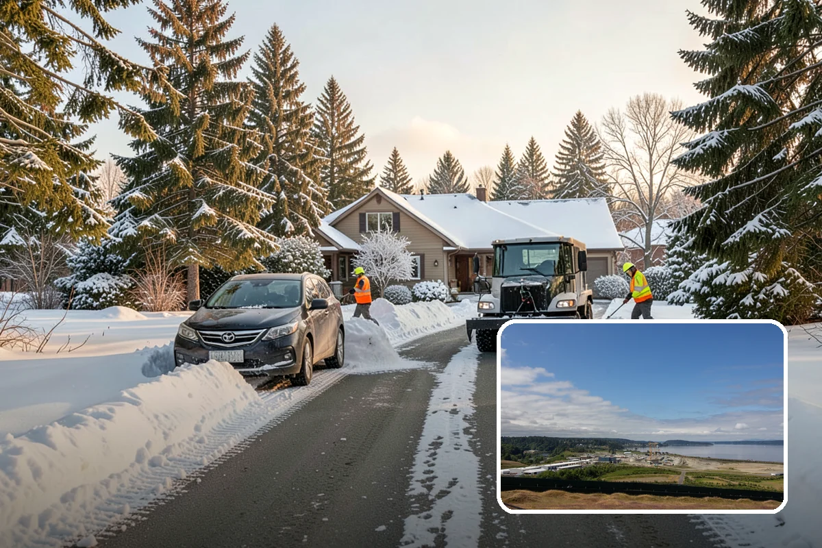 School Snow Plowing in University Place, Pierce County, WA - Bus loops and drop-off lanes cleared before students arrive