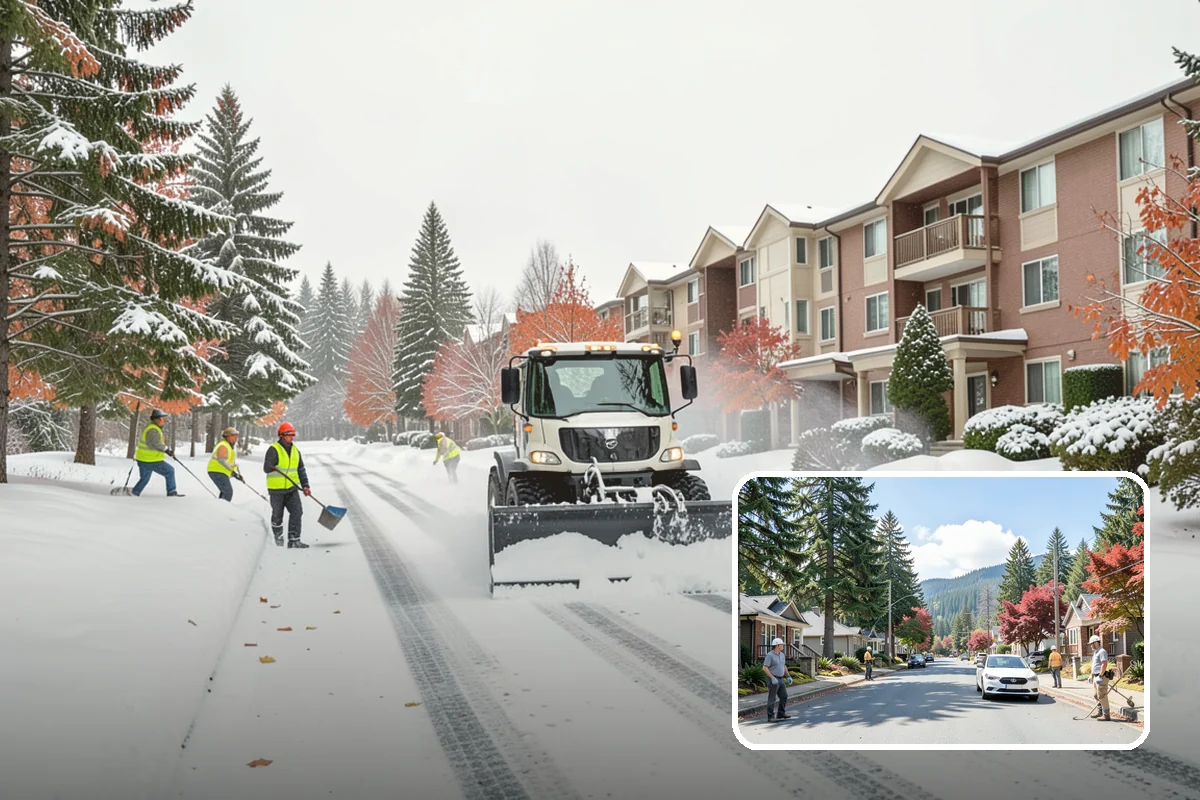 Self-Storage Facility Parking Lot Snow Removal in Hunts Point, King County, WA - Narrow drive aisles stay passable for vehicles and trailers