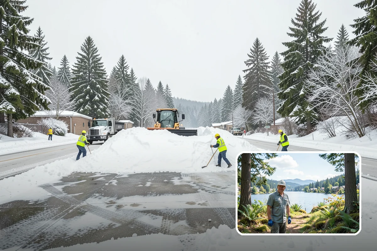 Self-Storage Facility Parking Lot Snow Removal in Milton, King County, WA - Narrow drive aisles stay passable for vehicles and trailers