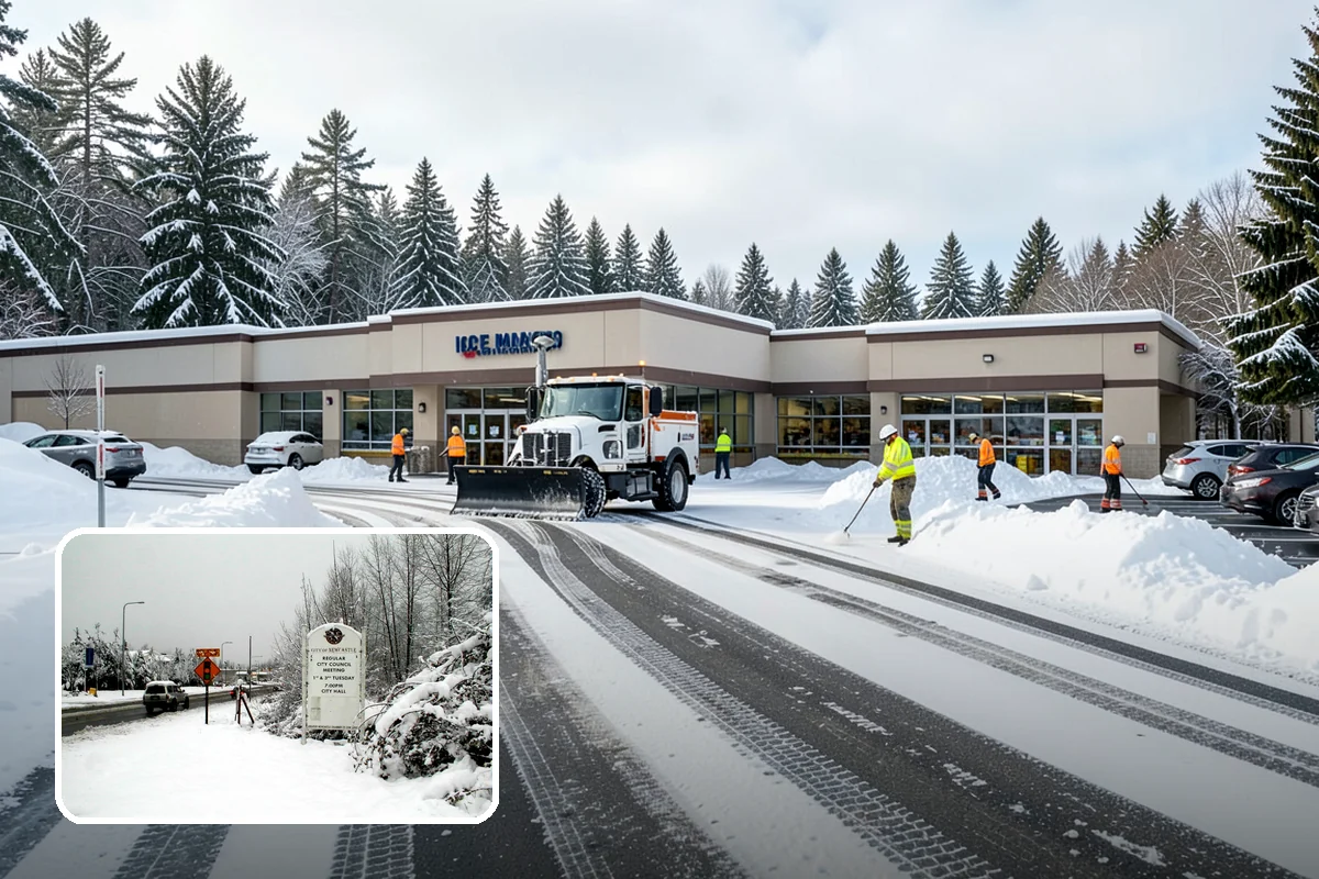 Self-Storage Facility Parking Lot Snow Removal in Newcastle, King County, WA - Narrow drive aisles stay passable for vehicles and trailers