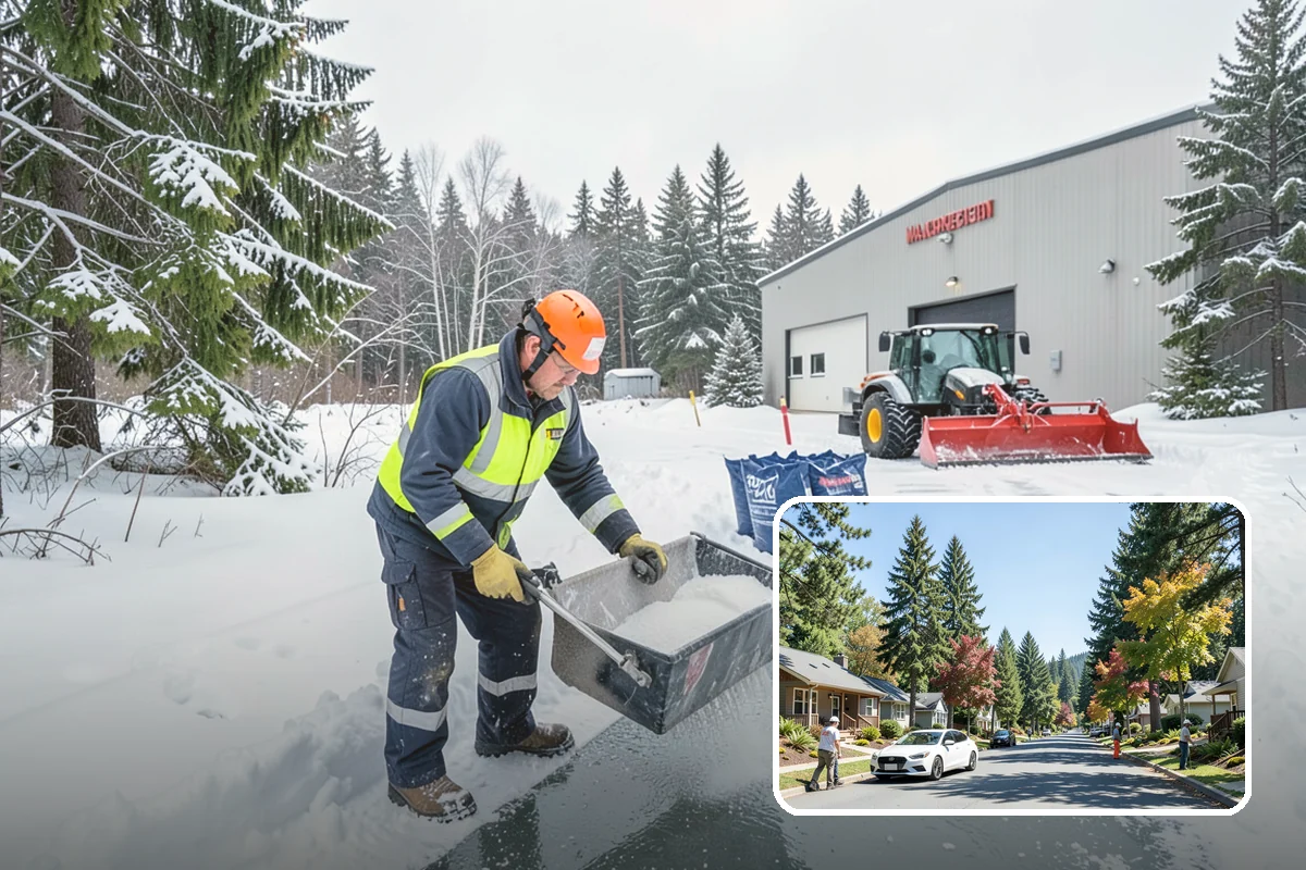 Self-Storage Facility Parking Lot Snow Removal in Orting, Pierce County, WA - Narrow drive aisles stay passable for vehicles and trailers