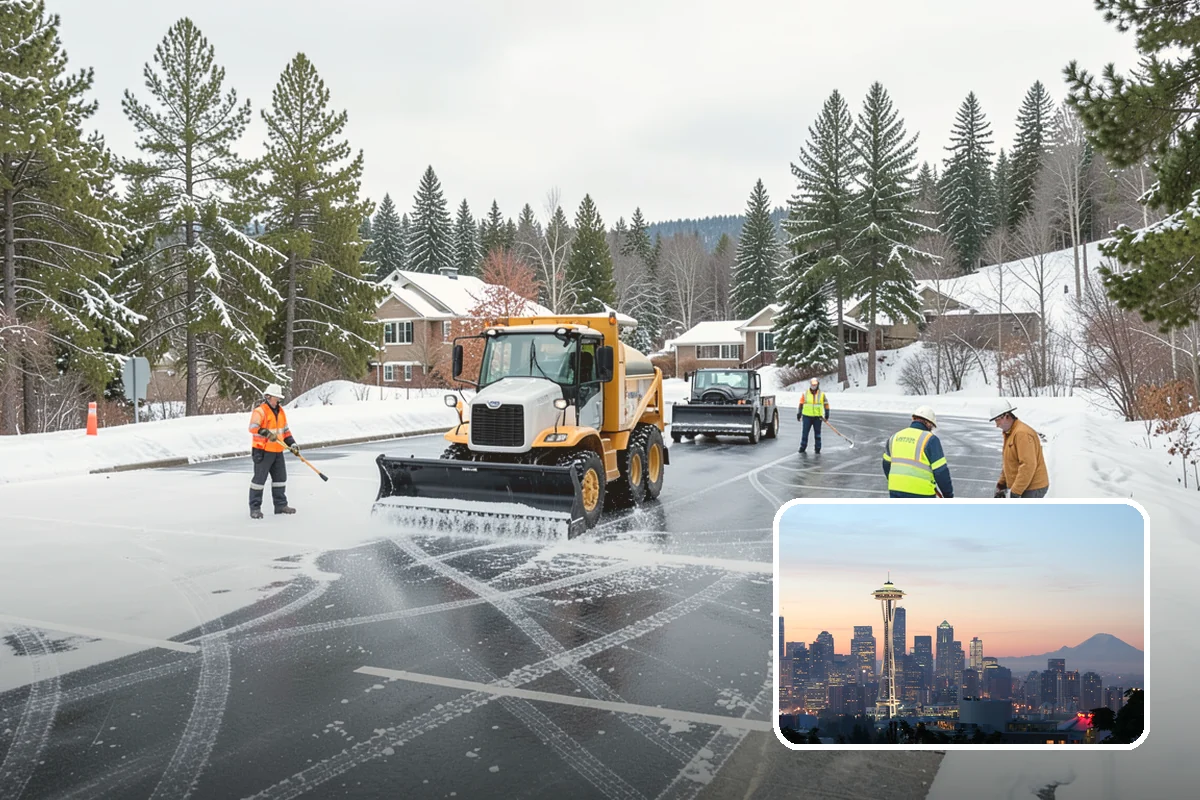 Self-Storage Facility Parking Lot Snow Removal in Seattle, King County, WA - Narrow drive aisles stay passable for vehicles and trailers
