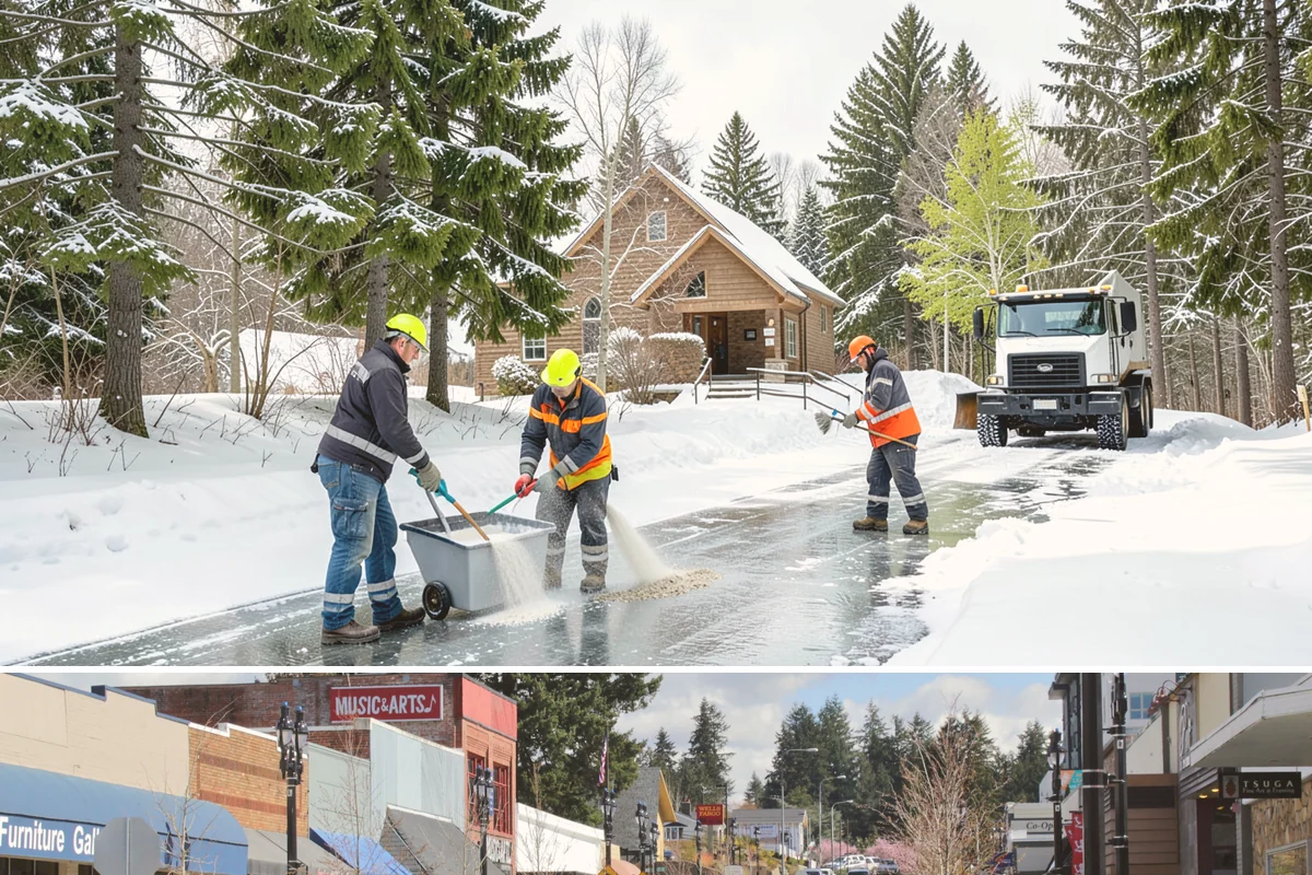 Self-Storage Facility Sidewalk Clearing in Bothell, King County, WA - Self-storage demand holds from December through February, when shaded walks between buildings stay glazed after open areas clear.