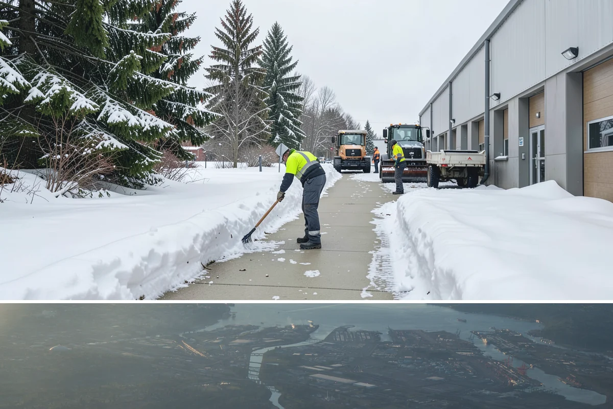 Self-Storage Facility Sidewalk Clearing in Fife, Pierce County, WA - Self-storage demand holds from December through February, when shaded walks between buildings stay glazed after open areas clear.