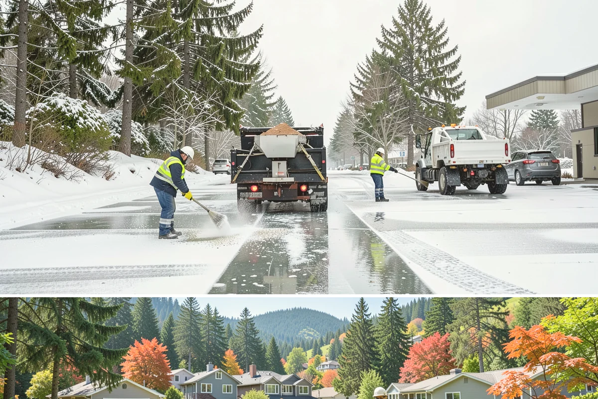 Self-Storage Facility Sidewalk Clearing in Fircrest, Pierce County, WA - Self-storage demand holds from December through February, when shaded walks between buildings stay glazed after open areas clear.