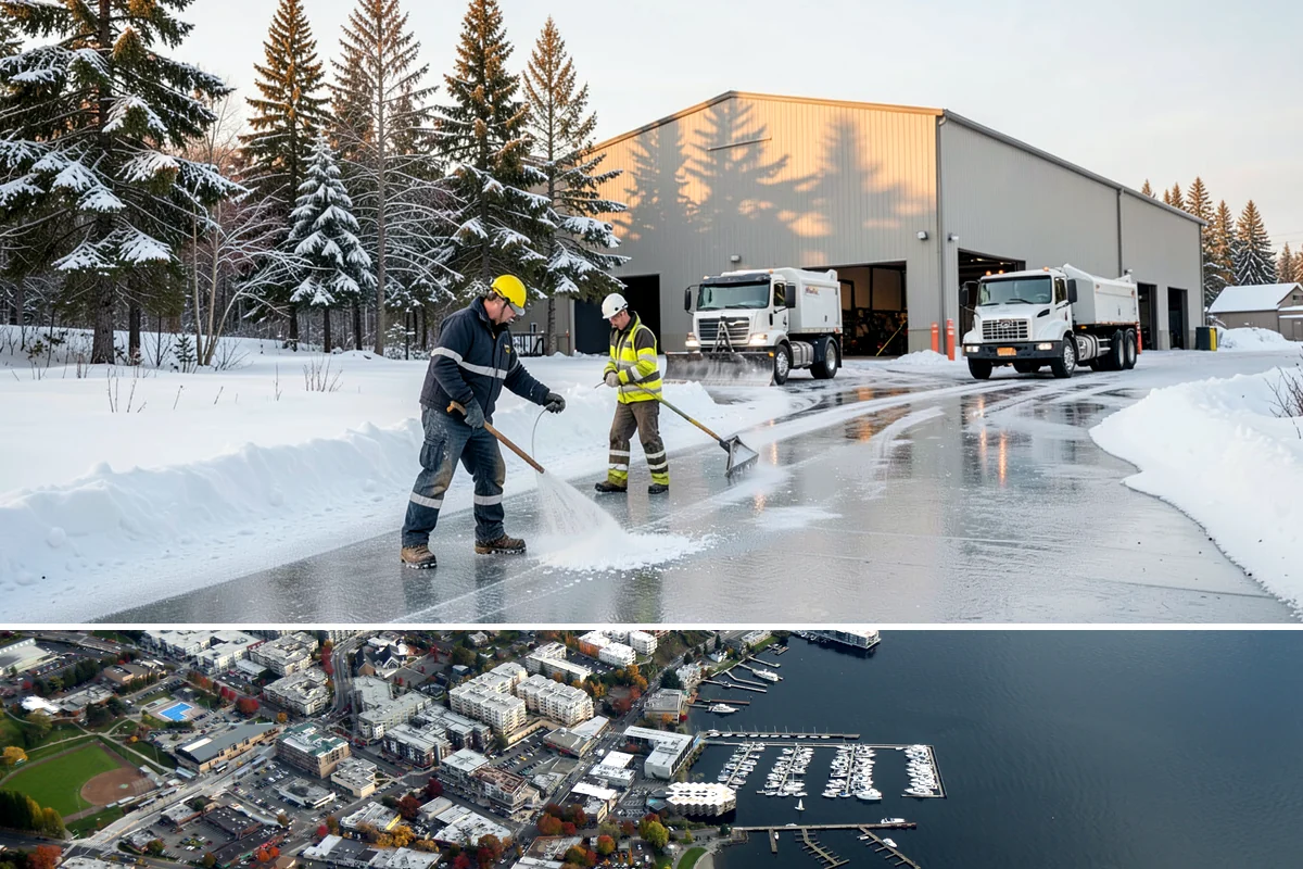 Self-Storage Facility Sidewalk Clearing in Kirkland, King County, WA - Self-storage demand holds from December through February, when shaded walks between buildings stay glazed after open areas clear.