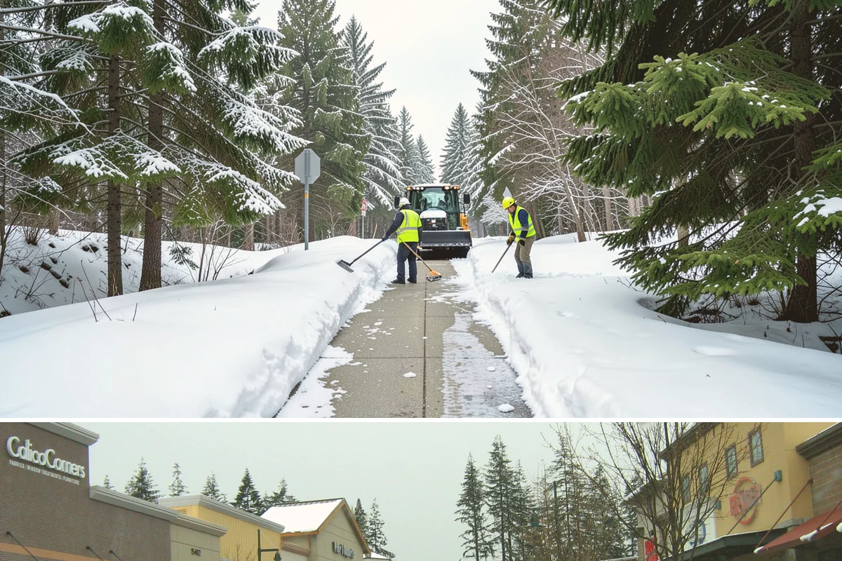 Self-Storage Facility Sidewalk Clearing in Mill Creek, Snohomish County, WA - Self-storage demand holds from December through February, when shaded walks between buildings stay glazed after open areas clear.