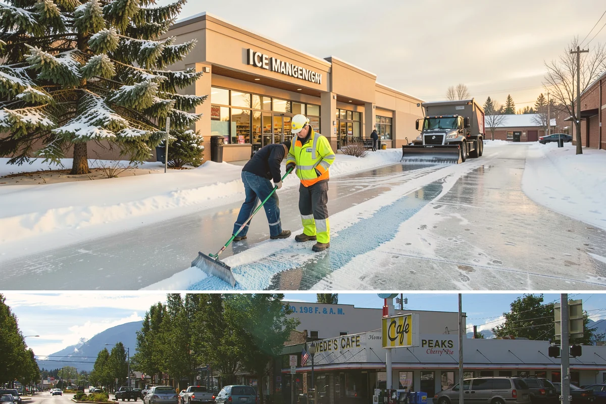 Self-Storage Facility Sidewalk Clearing in North Bend, King County, WA - Self-storage demand holds from December through February, when shaded walks between buildings stay glazed after open areas clear.