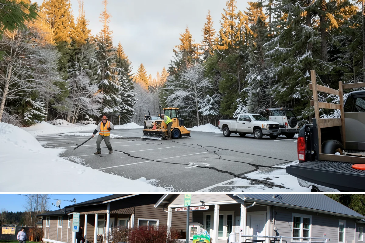 Self-Storage Facility Sidewalk Clearing in South Prairie, Pierce County, WA - Self-storage demand holds from December through February, when shaded walks between buildings stay glazed after open areas clear.