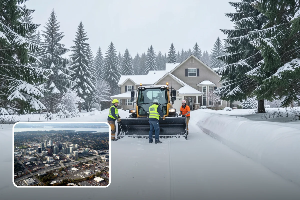 Self-Storage Facility Snow Plowing in Bellevue, King County, WA - Narrow drive aisles cleared wide enough for trucks and trailers