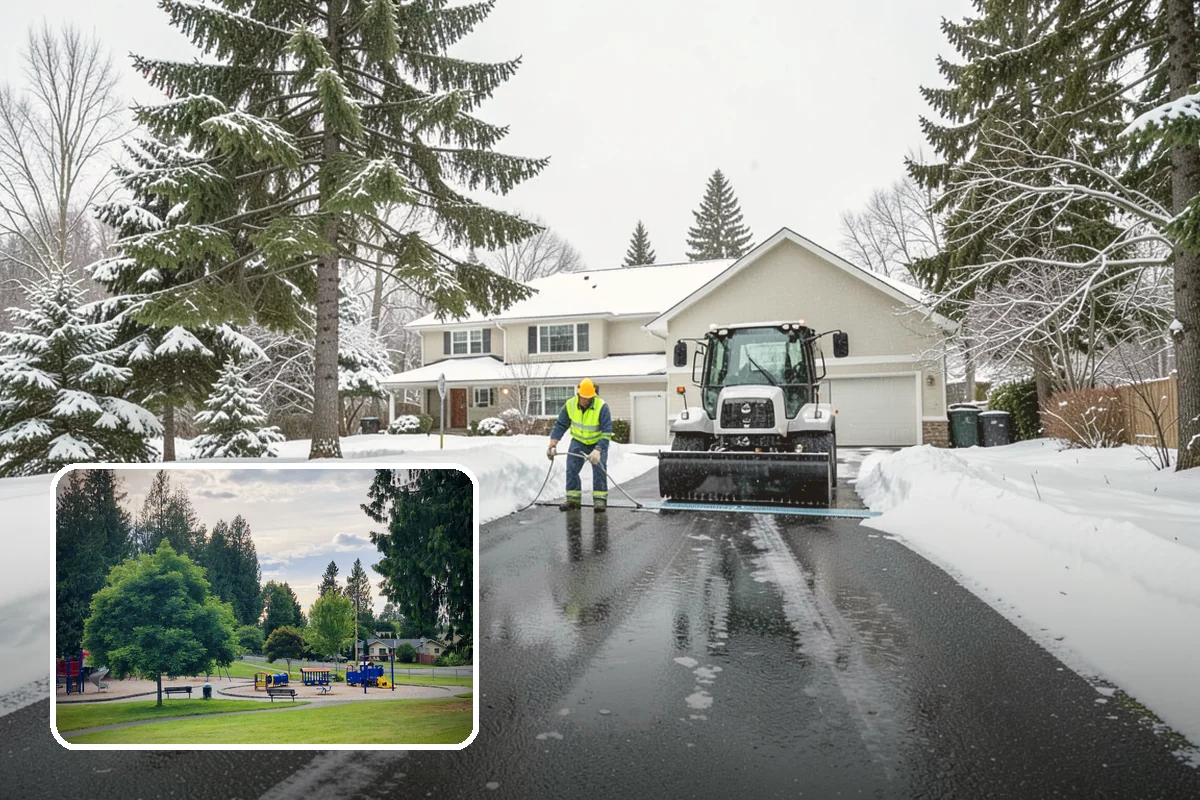 Self-Storage Facility Snow Plowing in Bonney Lake, Pierce County, WA - Narrow drive aisles cleared wide enough for trucks and trailers