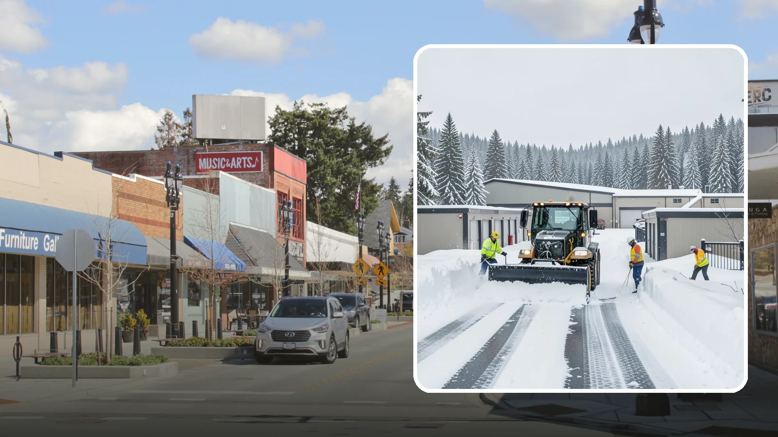 Self-Storage Facility Snow Plowing in Bothell, King County, WA - We plow self-storage drive aisles and gate approaches so customers reach their units and access stays open through a storm.