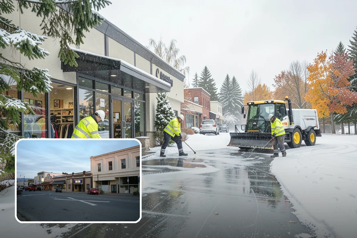 Self-Storage Facility Snow Plowing in Burlington, Skagit County, WA - Narrow drive aisles cleared wide enough for trucks and trailers