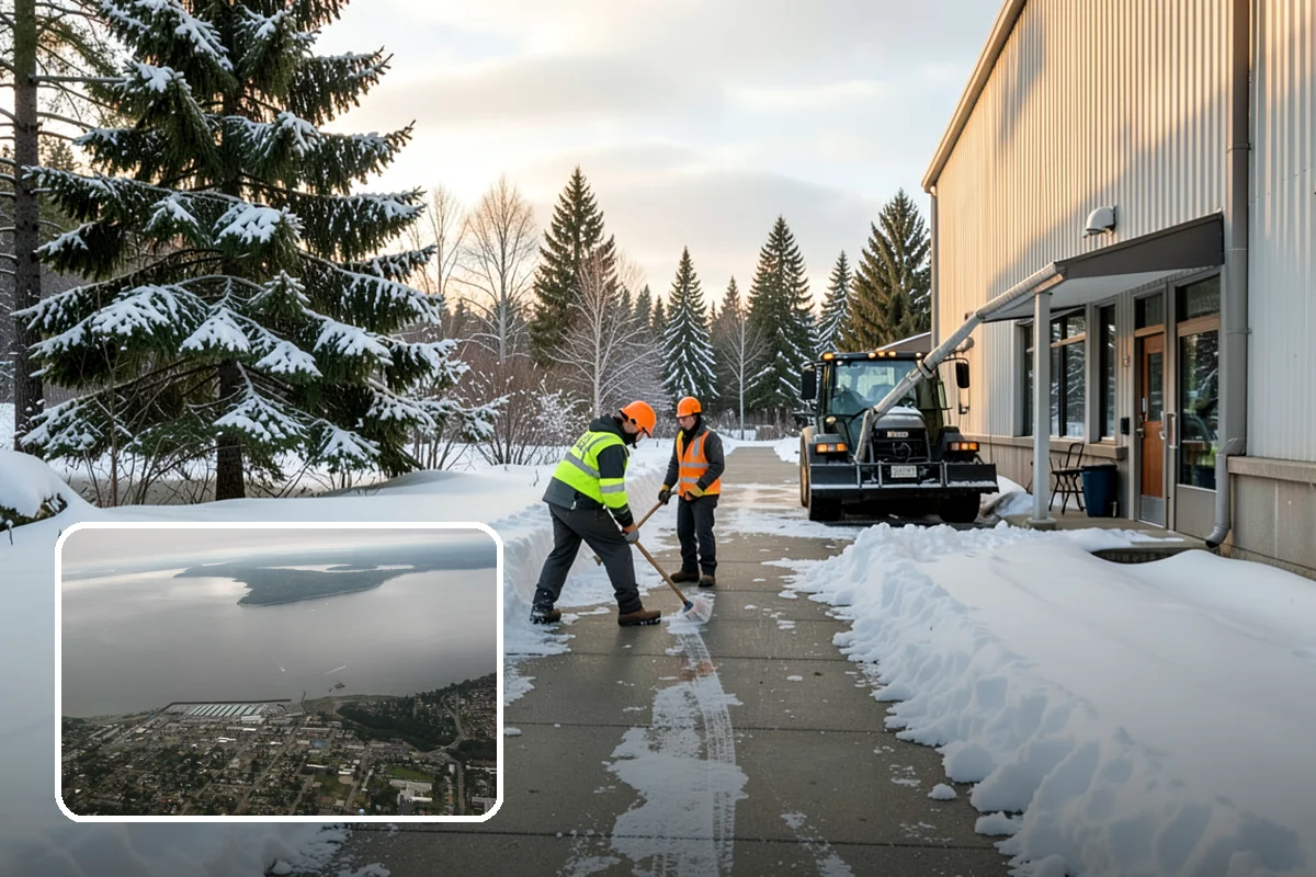 Self-Storage Facility Snow Plowing in Des Moines, King County, WA - Narrow drive aisles cleared wide enough for trucks and trailers