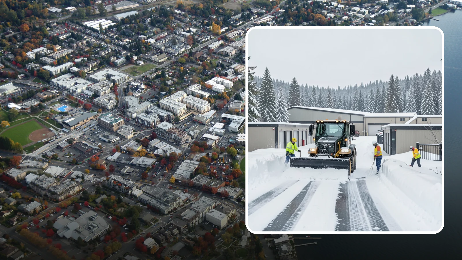 Self-Storage Facility Snow Plowing in Kirkland, King County, WA - We plow self-storage drive aisles and gate approaches so customers reach their units and access stays open through a storm.
