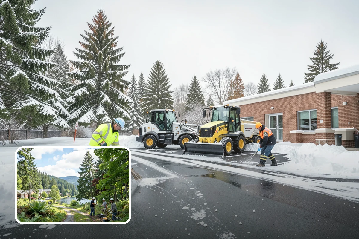 Self-Storage Facility Snow Plowing in Lake Forest Park, King County, WA - Narrow drive aisles cleared wide enough for trucks and trailers