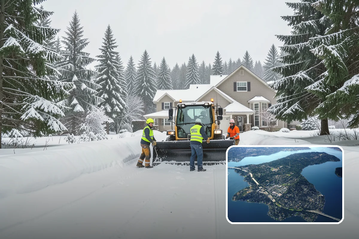Self-Storage Facility Snow Plowing in Mercer Island, King County, WA - Narrow drive aisles cleared wide enough for trucks and trailers