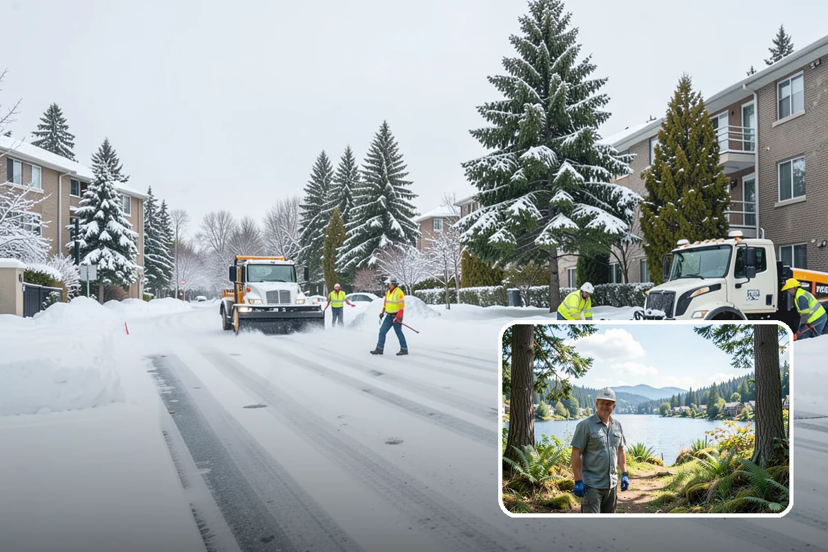 Self-Storage Facility Snow Plowing in Milton, King County, WA - Narrow drive aisles cleared wide enough for trucks and trailers