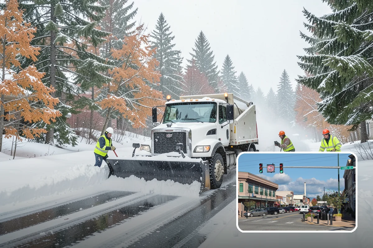 Self-Storage Facility Snow Plowing in Monroe, Snohomish County, WA - Narrow drive aisles cleared wide enough for trucks and trailers