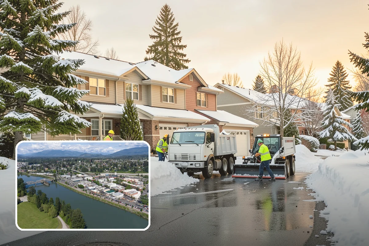 Self-Storage Facility Snow Plowing in Mount Vernon, Skagit County, WA - Narrow drive aisles cleared wide enough for trucks and trailers