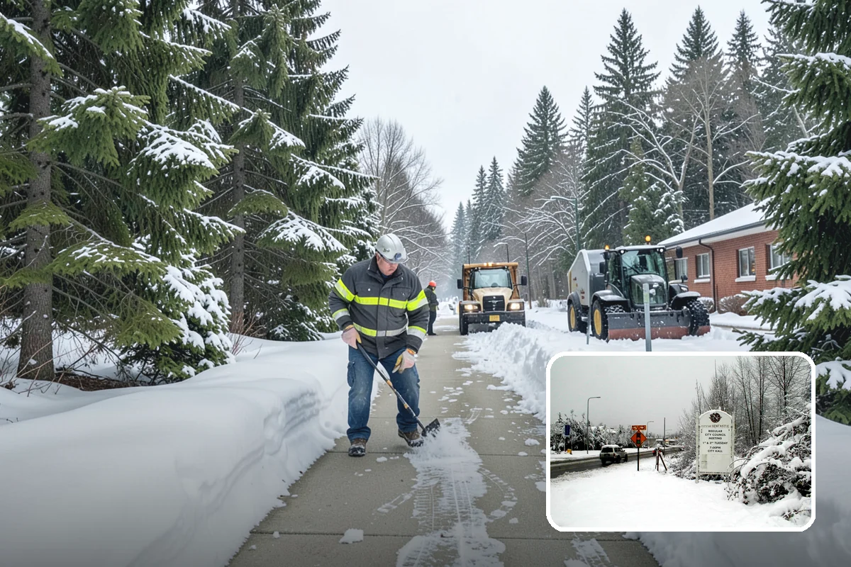Self-Storage Facility Snow Plowing in Newcastle, King County, WA - Narrow drive aisles cleared wide enough for trucks and trailers