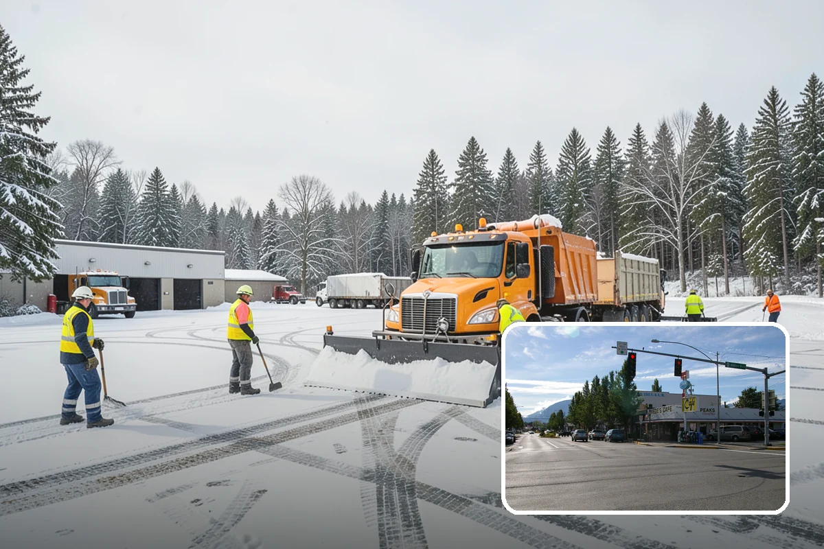 Self-Storage Facility Snow Plowing in North Bend, King County, WA - Narrow drive aisles cleared wide enough for trucks and trailers