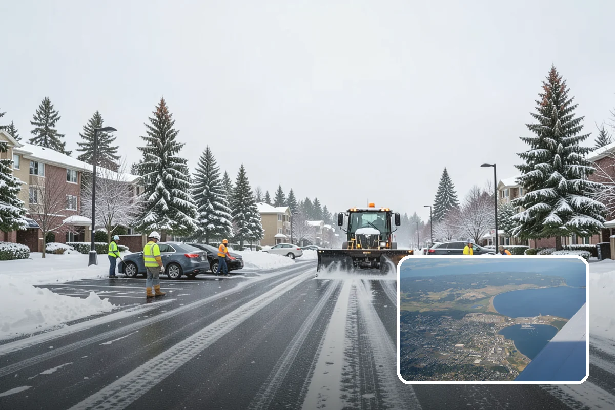 Self-Storage Facility Snow Plowing in Oak Harbor, Island County, WA - Narrow drive aisles cleared wide enough for trucks and trailers