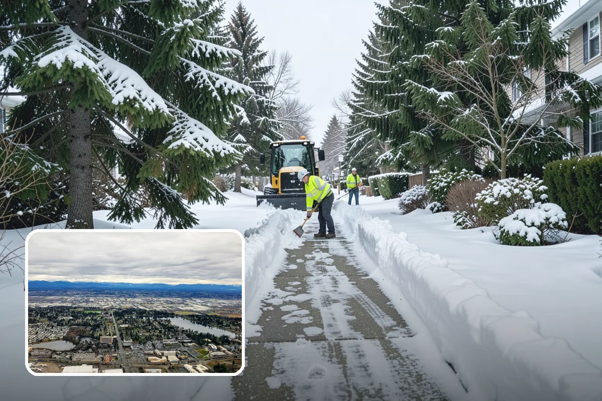 Self-Storage Facility Snow Plowing in SeaTac, King County, WA - Narrow drive aisles cleared wide enough for trucks and trailers
