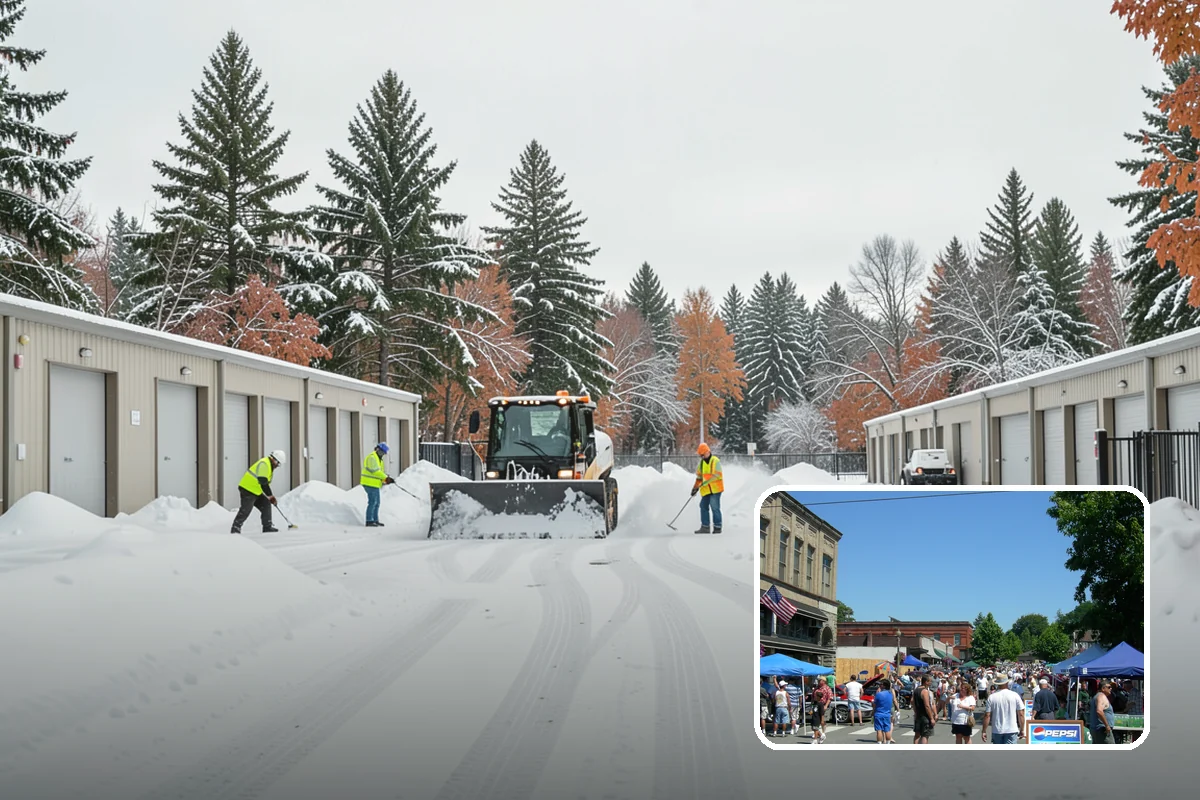 Self-Storage Facility Snow Plowing in Snohomish, Snohomish County, WA - Narrow drive aisles cleared wide enough for trucks and trailers