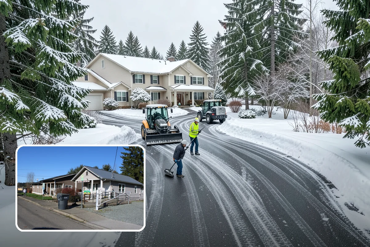 Self-Storage Facility Snow Plowing in South Prairie, Pierce County, WA - Narrow drive aisles cleared wide enough for trucks and trailers