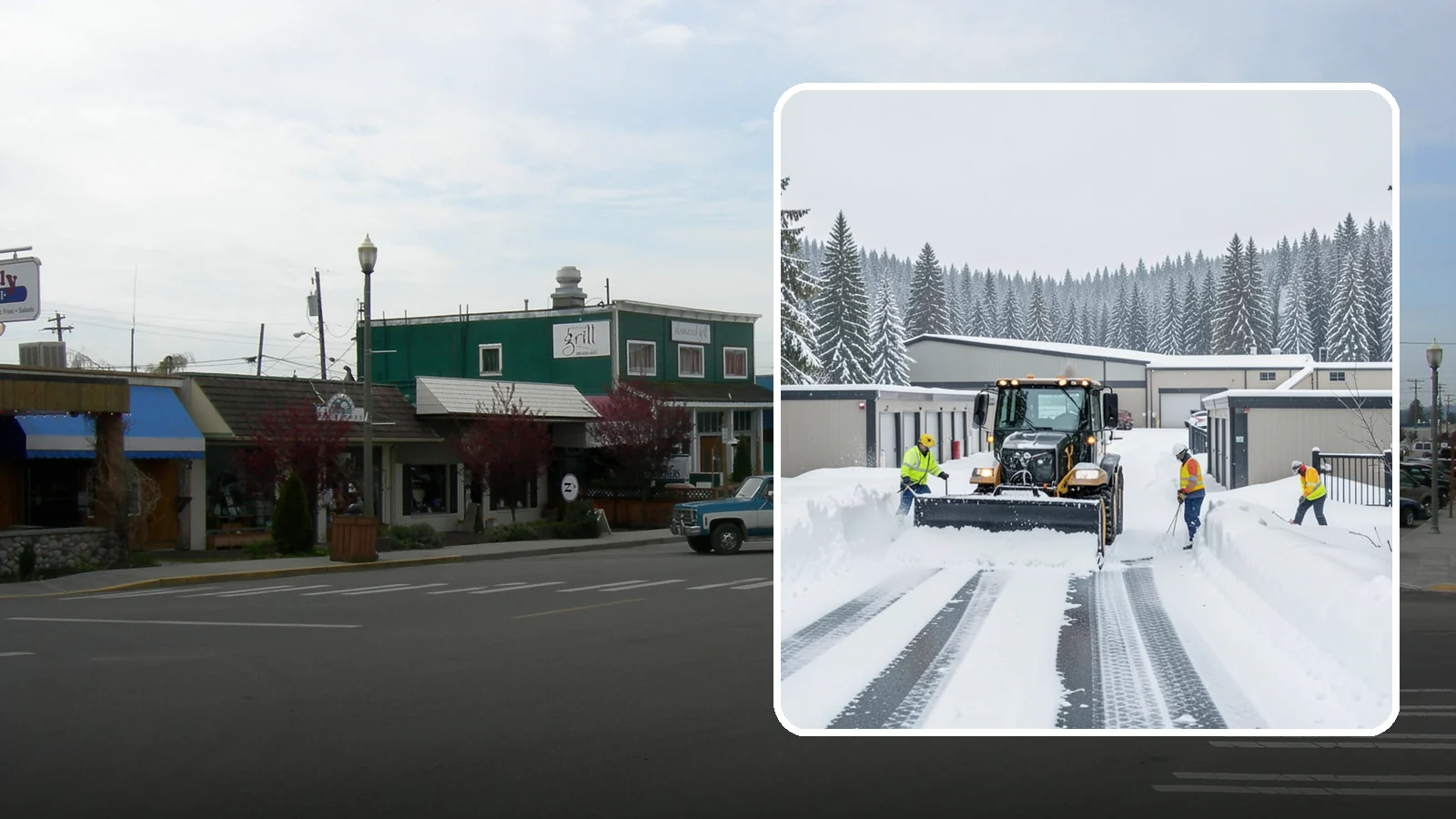 Self-Storage Facility Snow Plowing in Stanwood, Snohomish County, WA - We plow self-storage drive aisles and gate approaches so customers reach their units and access stays open through a storm.